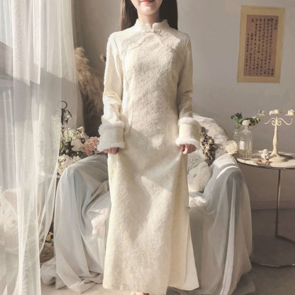 Long-Sleeve Band Collar Plain Lace Midi Qipao mySite