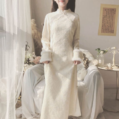 Long-Sleeve Band Collar Plain Lace Midi Qipao mySite