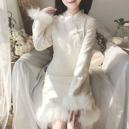 Long-Sleeve Band Collar Floral Fluffy Trim Qipao mySite