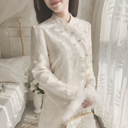 Long-Sleeve Band Collar Floral Fluffy Trim Qipao mySite