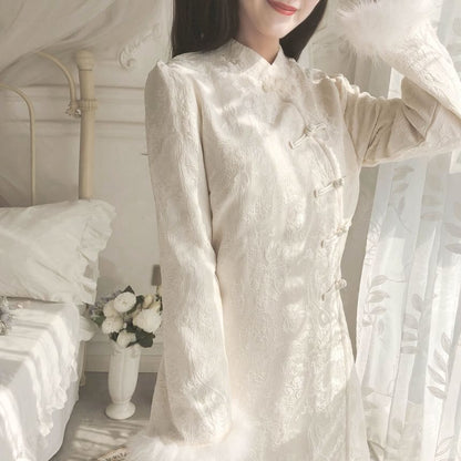 Long-Sleeve Band Collar Floral Fluffy Trim Qipao mySite