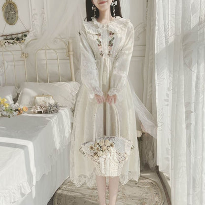 Long-Sleeve Collared Flower Embroidered Lace Trim Midi A-Line Dress mySite