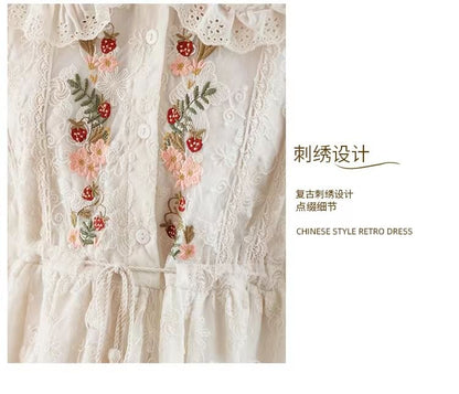 Long-Sleeve Collared Flower Embroidered Lace Trim Midi A-Line Dress mySite