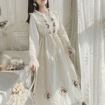 Long-Sleeve Collared Flower Embroidered Lace Trim Midi A-Line Dress mySite