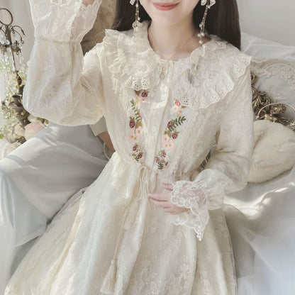 Long-Sleeve Collared Flower Embroidered Lace Trim Midi A-Line Dress mySite