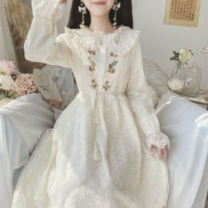 Long-Sleeve Collared Flower Embroidered Lace Trim Midi A-Line Dress mySite