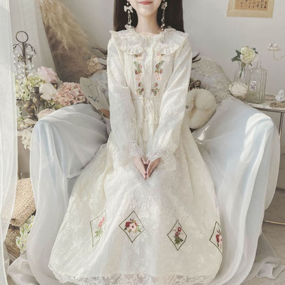 Long-Sleeve Collared Flower Embroidered Lace Trim Midi A-Line Dress mySite