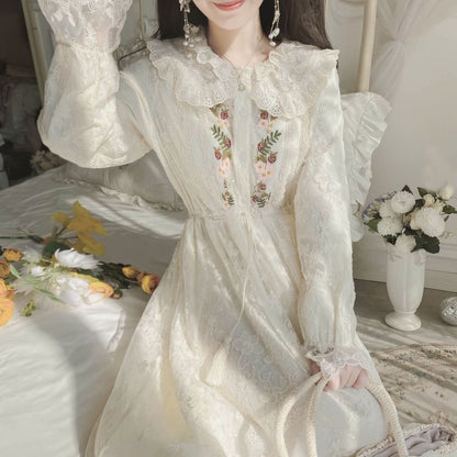 Long-Sleeve Collared Flower Embroidered Lace Trim Midi A-Line Dress mySite