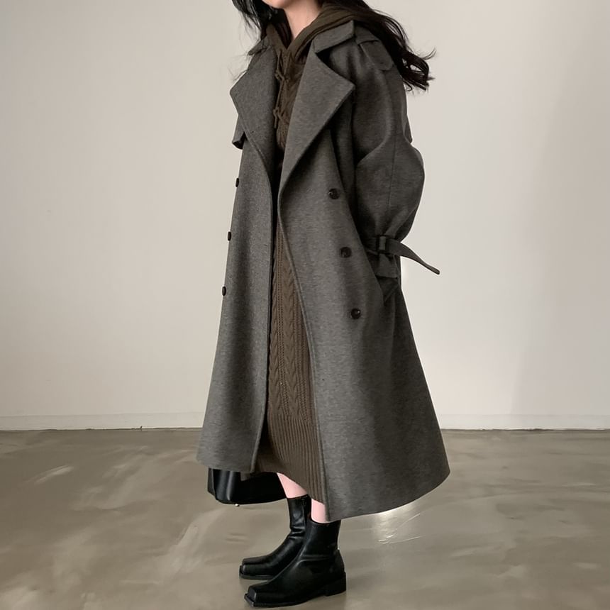 Plain Tie Waist Midi Double-Breasted Coat SpreePicky