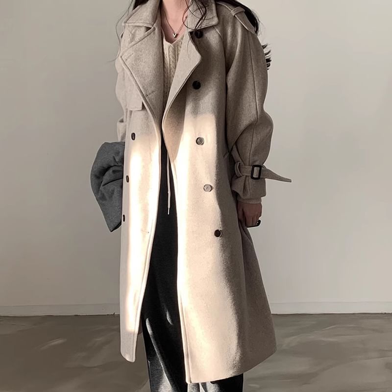 Plain Tie Waist Midi Double-Breasted Coat SpreePicky