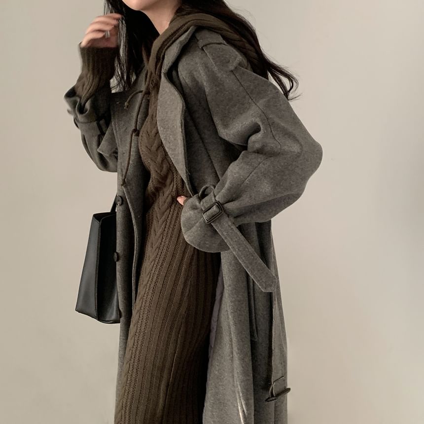 Plain Tie Waist Midi Double-Breasted Coat SpreePicky