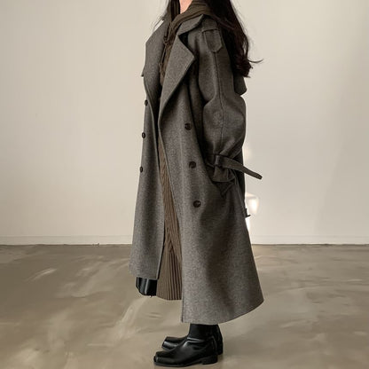 Plain Tie Waist Midi Double-Breasted Coat SpreePicky