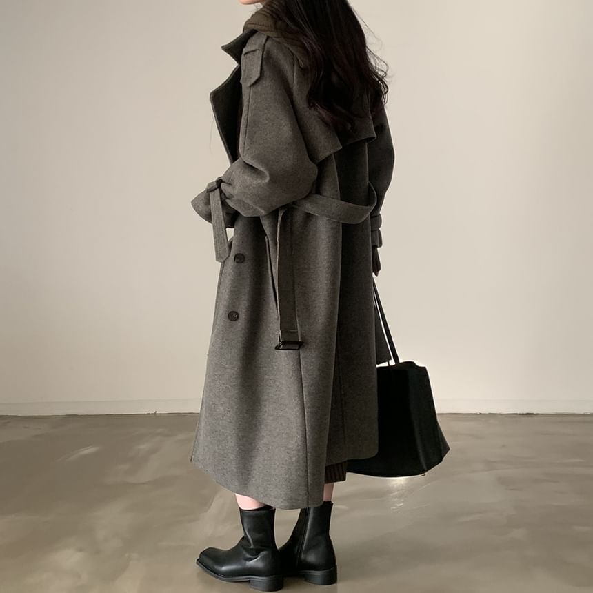 Plain Tie Waist Midi Double-Breasted Coat SpreePicky