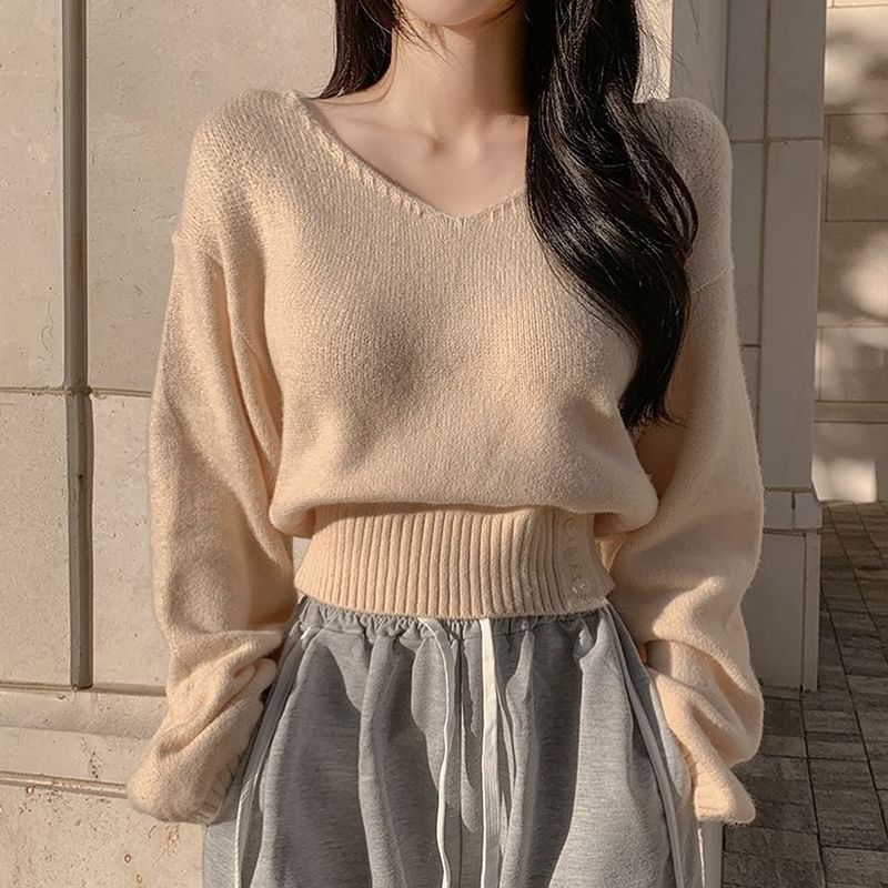 V-Neck Plain Cropped Sweater SpreePicky