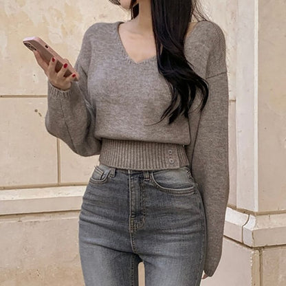 V-Neck Plain Cropped Sweater SpreePicky