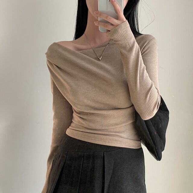 Long-Sleeve Off Shoulder Plain Knit Top SpreePicky