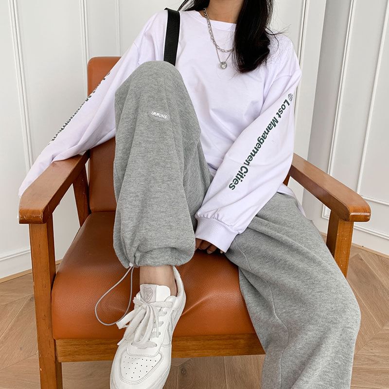 High Waist Plain Straight-Fit Wide-Leg Sweatpants SpreePicky