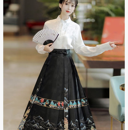 High Waist Mountain Print Maxi Ma Mian Skirt / Floral Shirt / Set SpreePicky