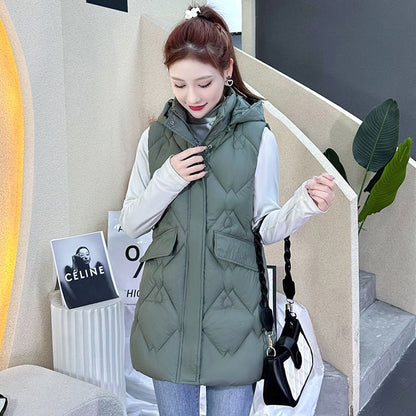 Hooded Plain Zip-Up Padded Long Vest SpreePicky