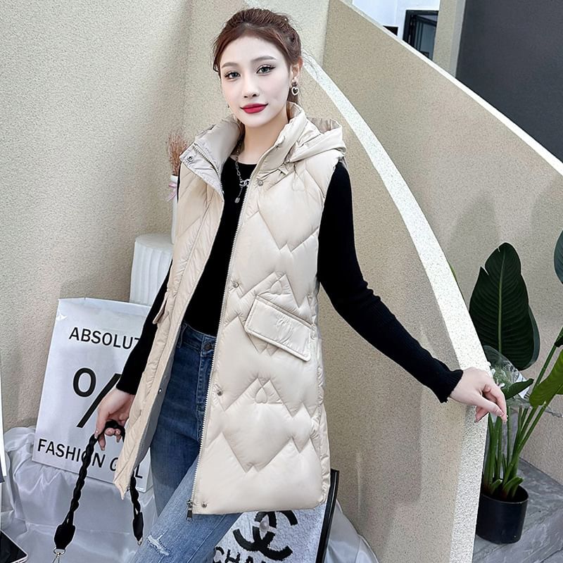 Hooded Plain Zip-Up Padded Long Vest SpreePicky