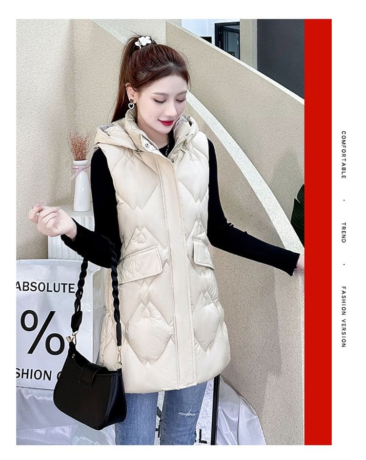 Hooded Plain Zip-Up Padded Long Vest SpreePicky