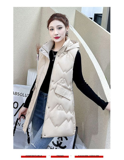 Hooded Plain Zip-Up Padded Long Vest SpreePicky