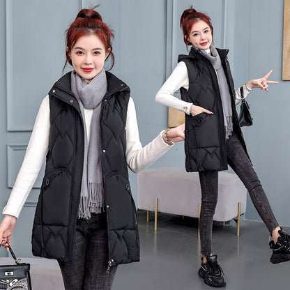 Hooded Padded Zip-Up Long Vest SpreePicky