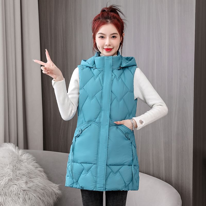 Hooded Padded Zip-Up Long Vest SpreePicky