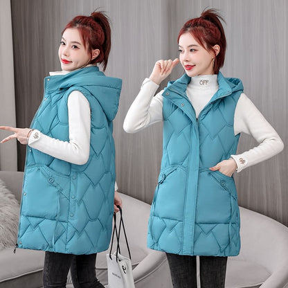 Hooded Padded Zip-Up Long Vest SpreePicky