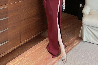 Sleeveless V-Neck Plain Slit Panel Mesh Maxi Sheath Dress SpreePicky