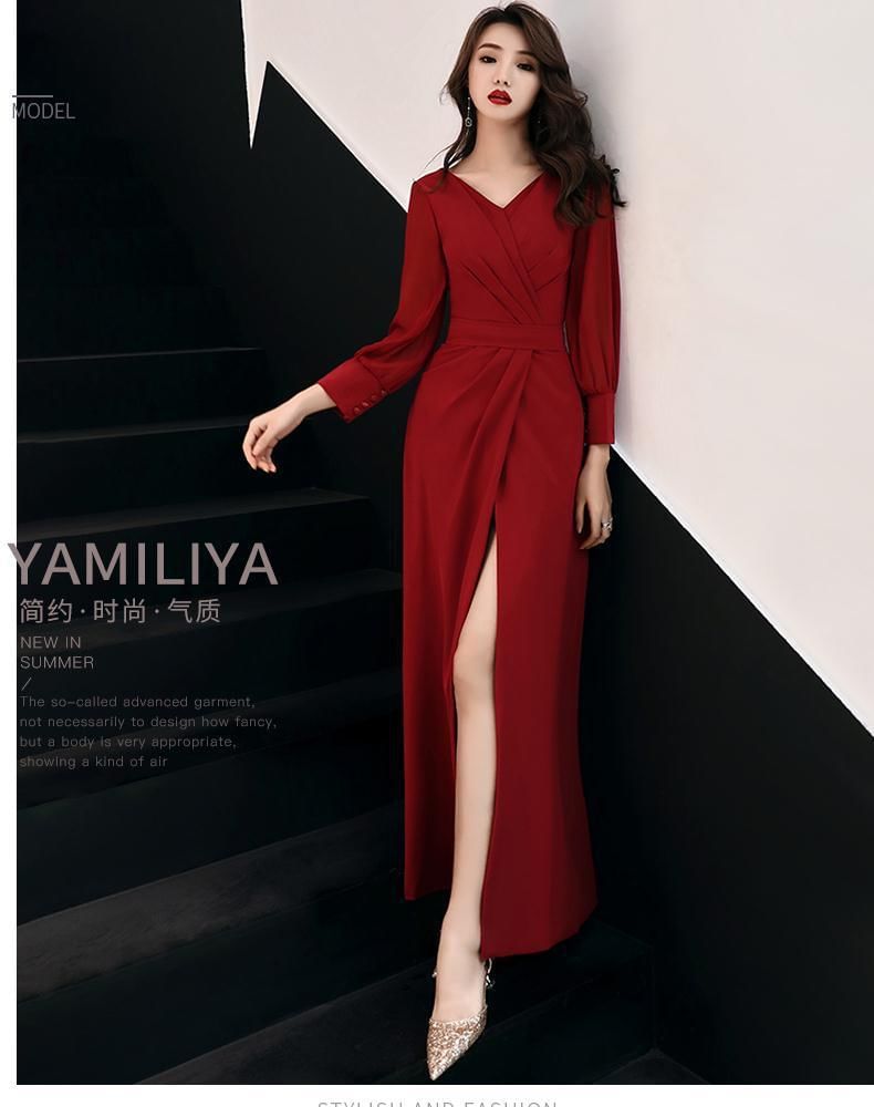 Long-Sleeve V-Neck Plain Ruched Slit Maxi Sheath Dress SpreePicky