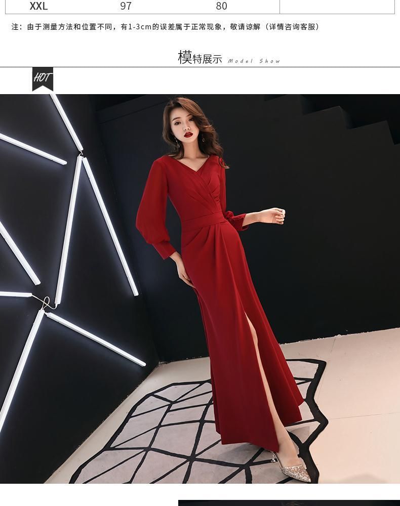 Long-Sleeve V-Neck Plain Ruched Slit Maxi Sheath Dress SpreePicky