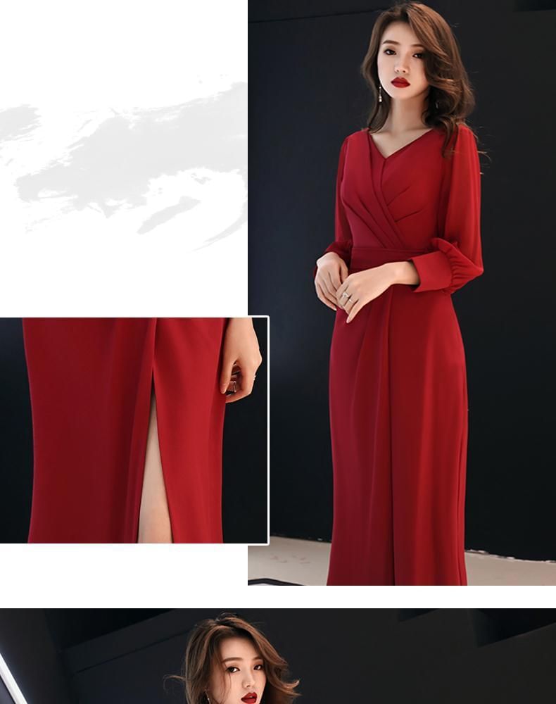 Long-Sleeve V-Neck Plain Ruched Slit Maxi Sheath Dress SpreePicky