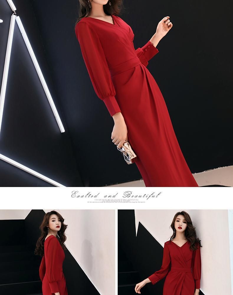 Long-Sleeve V-Neck Plain Ruched Slit Maxi Sheath Dress SpreePicky