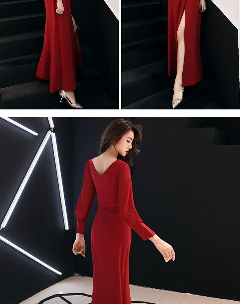 Long-Sleeve V-Neck Plain Ruched Slit Maxi Sheath Dress SpreePicky