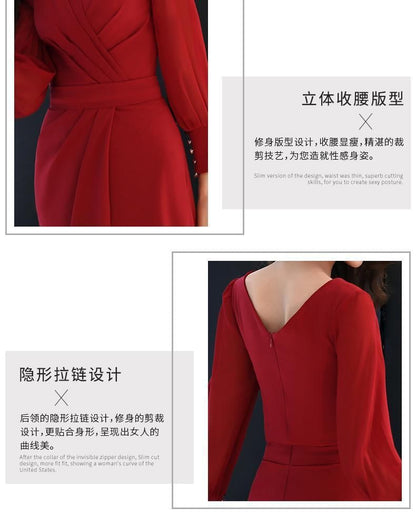 Long-Sleeve V-Neck Plain Ruched Slit Maxi Sheath Dress SpreePicky