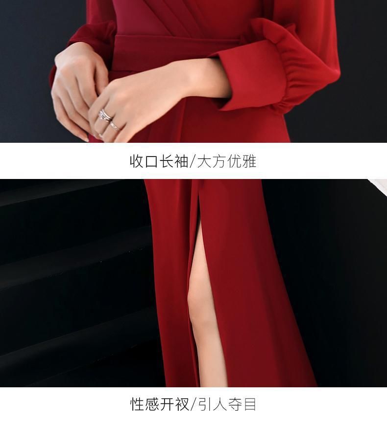 Long-Sleeve V-Neck Plain Ruched Slit Maxi Sheath Dress SpreePicky