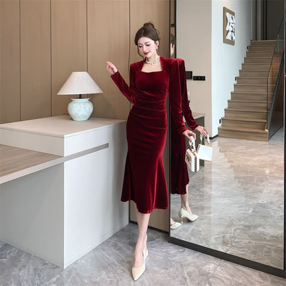 Long-Sleeve Square Neck Plain Ruched Velvet Midi Mermaid Dress SpreePicky