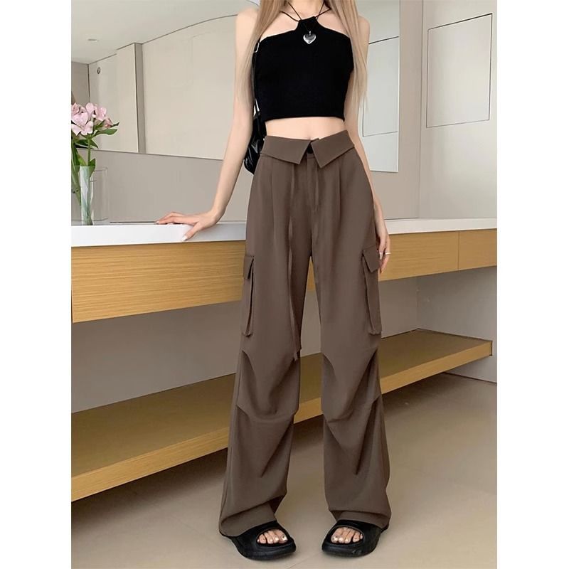 High Waist Folded Waistline Plain Pocket Straight-Fit Wide-Leg Cargo Pants SpreePicky