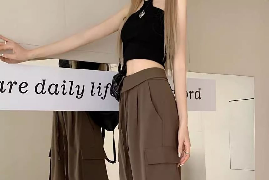 High Waist Folded Waistline Plain Pocket Straight-Fit Wide-Leg Cargo Pants SpreePicky