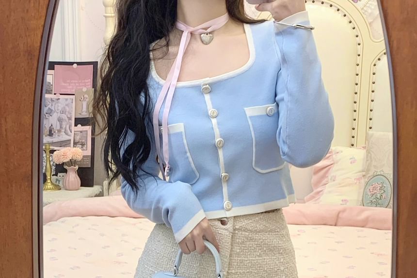 / Trim Cropped Cardigan Pants Neck High Contrast Square Waist Hot Plain FashionChic