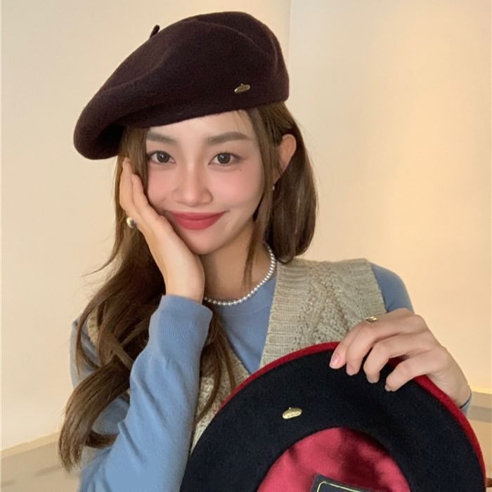 Metal Plate Wool Beret Hat SpreePicky