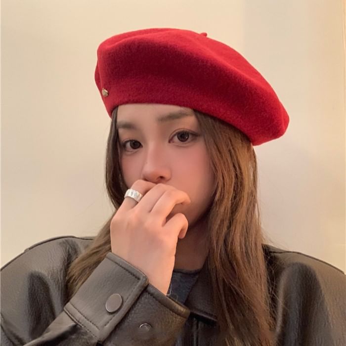 Metal Plate Wool Beret Hat SpreePicky