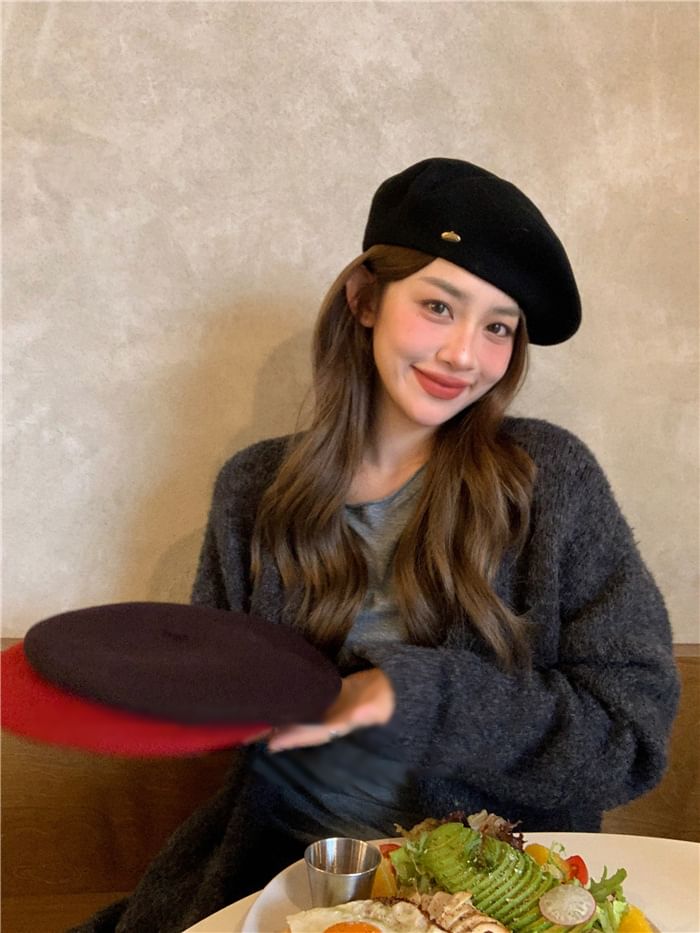 Metal Plate Wool Beret Hat SpreePicky