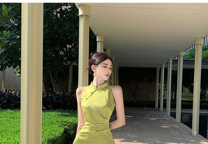 Sleeveless Mandarin Collar Ruched Jacquard Midi Mermaid Dress Egirldoll