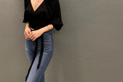 Long-Sleeve V-Neck Plain Wrap Top SpreePicky