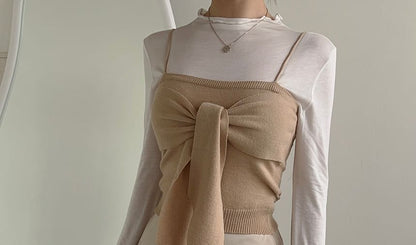 Set: Long-Sleeve Mock Neck Plain Top + Plain Bow Knit Camisole Top SpreePicky