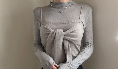 Set: Long-Sleeve Mock Neck Plain Top + Plain Bow Knit Camisole Top SpreePicky