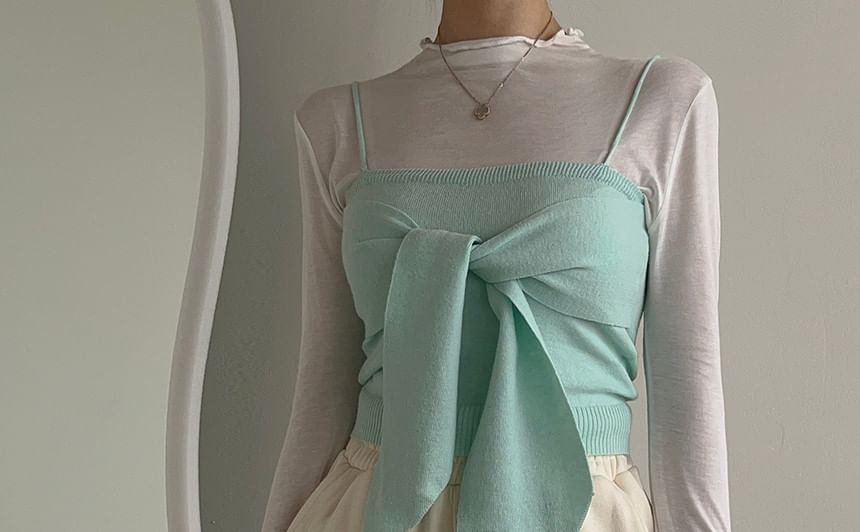 Set: Long-Sleeve Mock Neck Plain Top + Plain Bow Knit Camisole Top SpreePicky