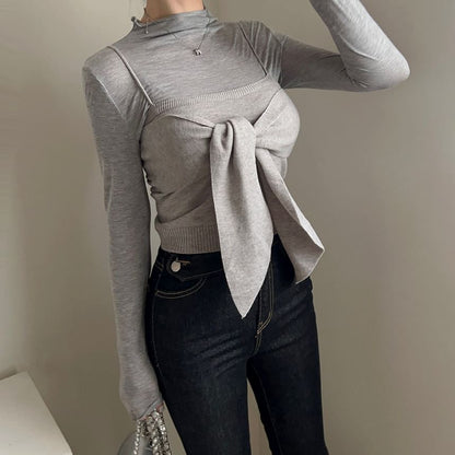 Set: Long-Sleeve Mock Neck Plain Top + Plain Bow Knit Camisole Top SpreePicky